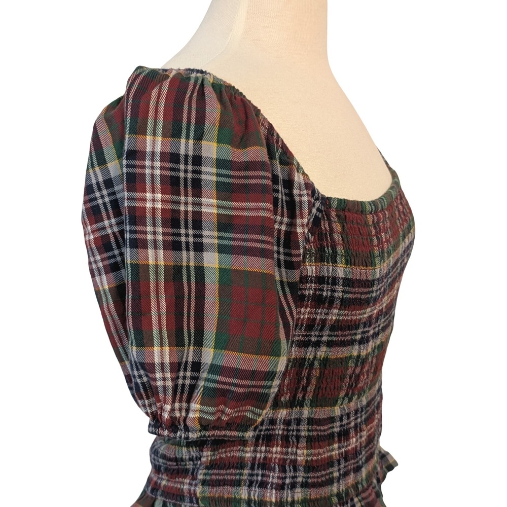 American Eagle Smocked Plaid Crop Top Short Puff Sleeve Square Neck‎ M Y2K Retro - Picture 4 of 10
